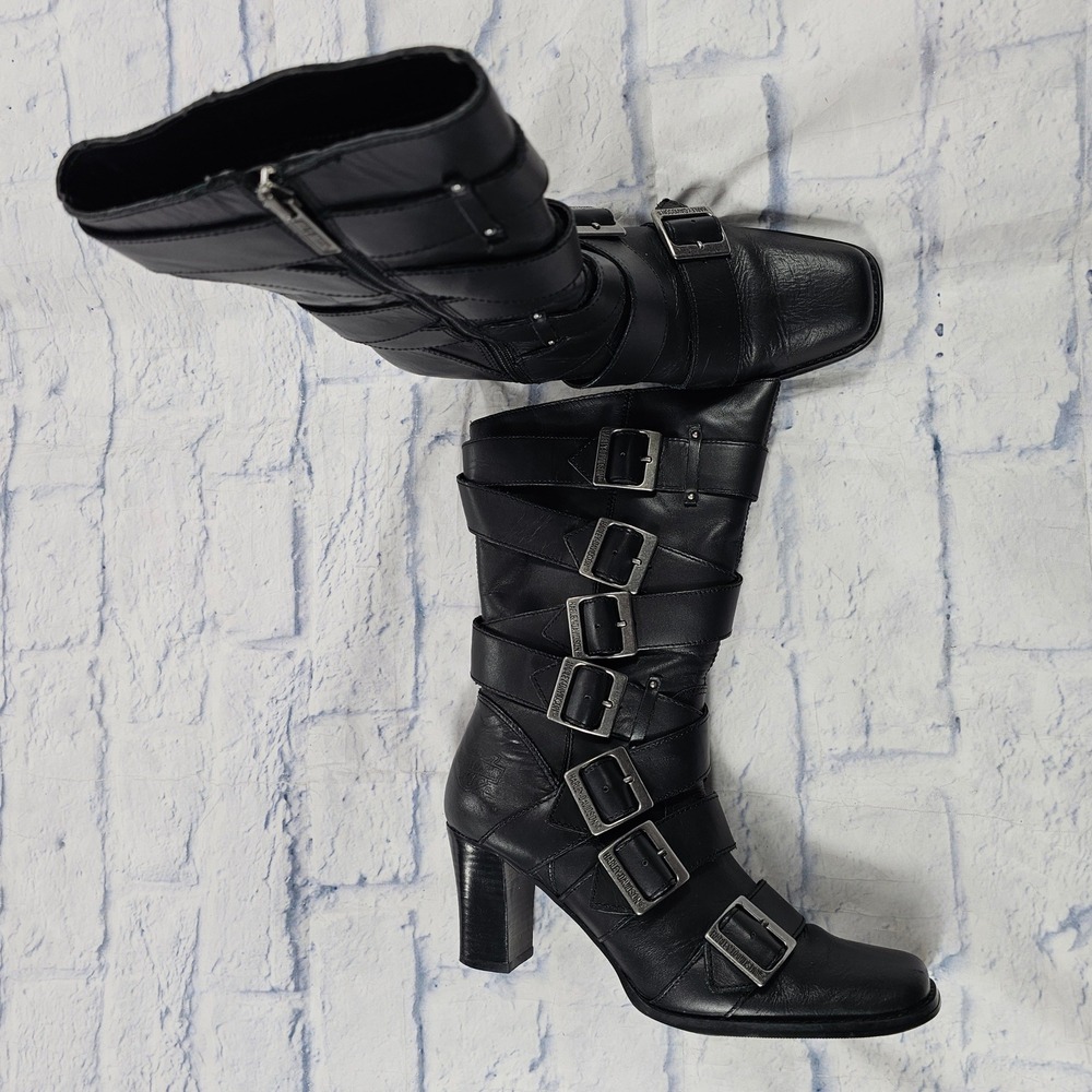 Harley-Davidson Leslie Biker Boots Women 8.5 Black Leather Multi-Strap Moto Heel